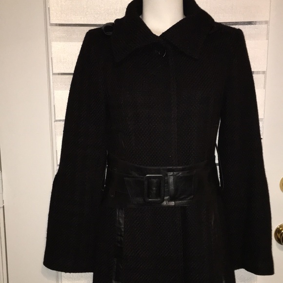 Mackage Black long wool blend with REAL LEATHER BELTS n TRIM NWT - Picture 8 of 17